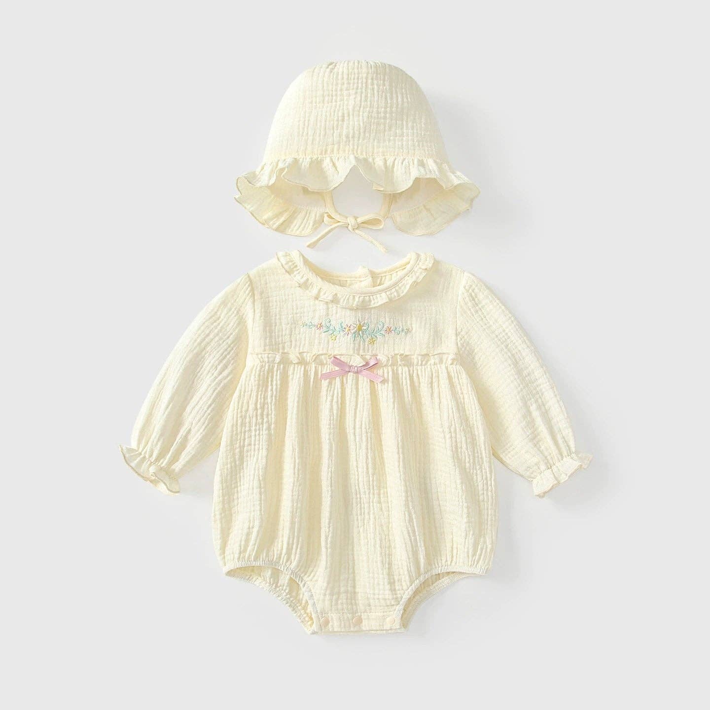 Arrival Autumn Baby Girls Flowers Embroidery Long Sleeves bodysuit with Collar: Apricot / 80 (9-12M)
