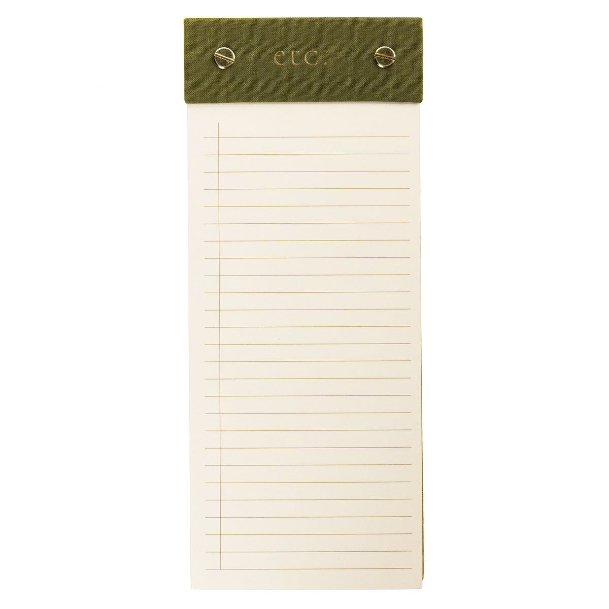 Olive Fabric-Bound Desktop Notepad, An olive green fabric desktop notepad with etc lettered in gold foil and two gold posts at the top.