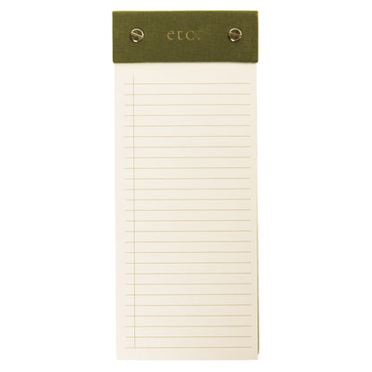 Olive Fabric-Bound Desktop Notepad, An olive green fabric desktop notepad with etc lettered in gold foil and two gold posts at the top.