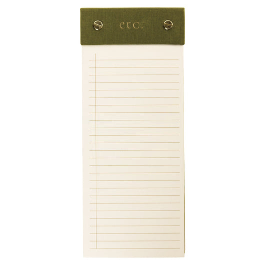 Olive Fabric-Bound Desktop Notepad, An olive green fabric desktop notepad with etc lettered in gold foil and two gold posts at the top.