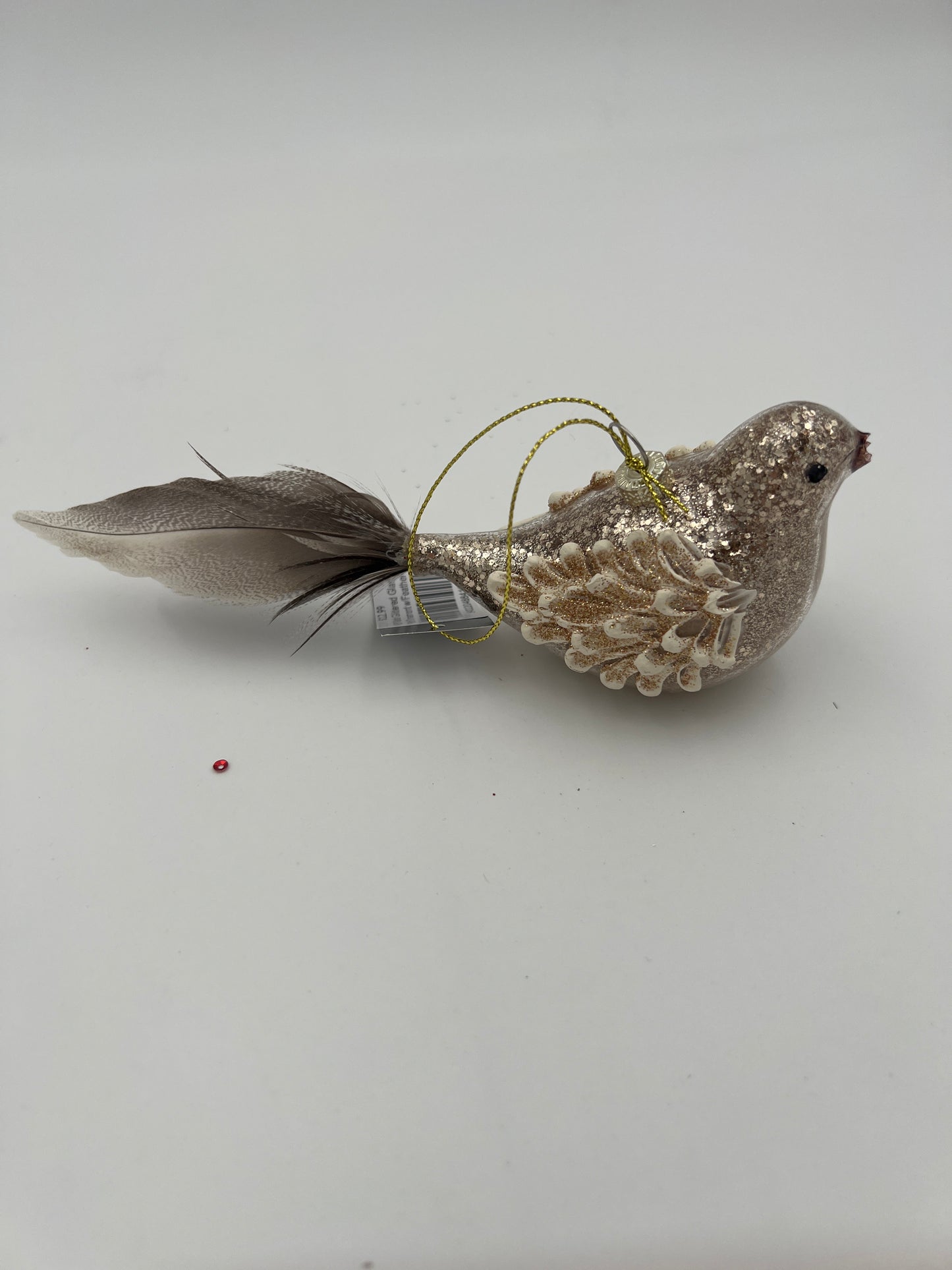 8.5" Gold Glittered Glass Bird Ornament w/Feather