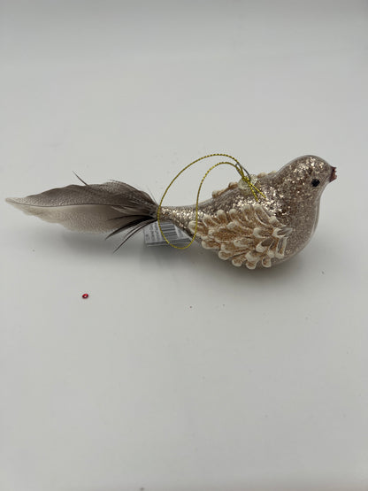 8.5" Gold Glittered Glass Bird Ornament w/Feather