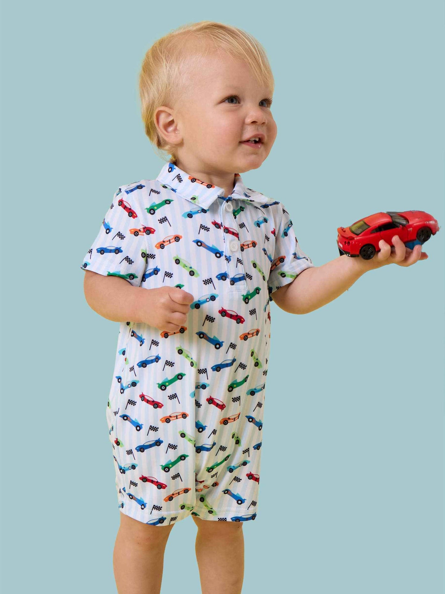 Baby Boys Let's Roll Racecar Performance Polo Romper: Blue / 0-3m