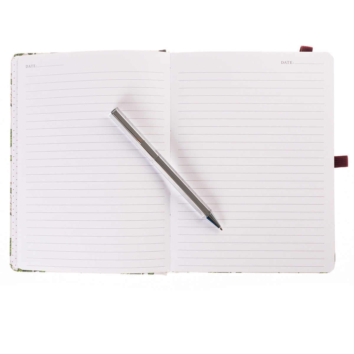 La Petite Presse Cerise Fabric-Bound Journal with Pen, An ivory fabric journal printed with botanical cherries and blossom sprigs, closed with a burgundy elastic band and a silver pen tucked into a loop.
