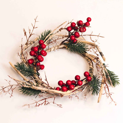 Birch Branch & Berry Candle Ring – Winter Holiday Decor