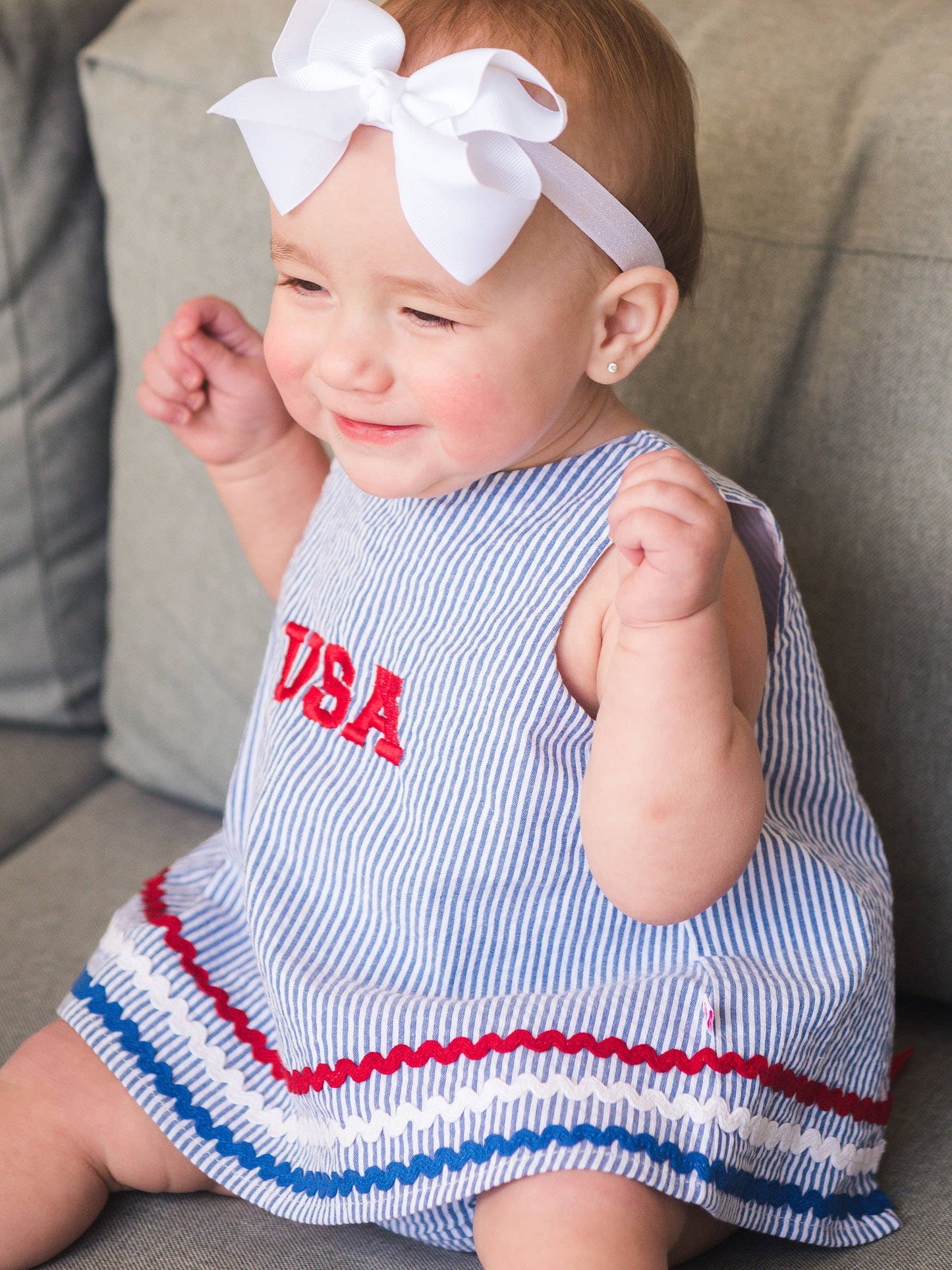 Americana Classic Blue Seersucker Ric Rac Swing Top & Bloomer Set