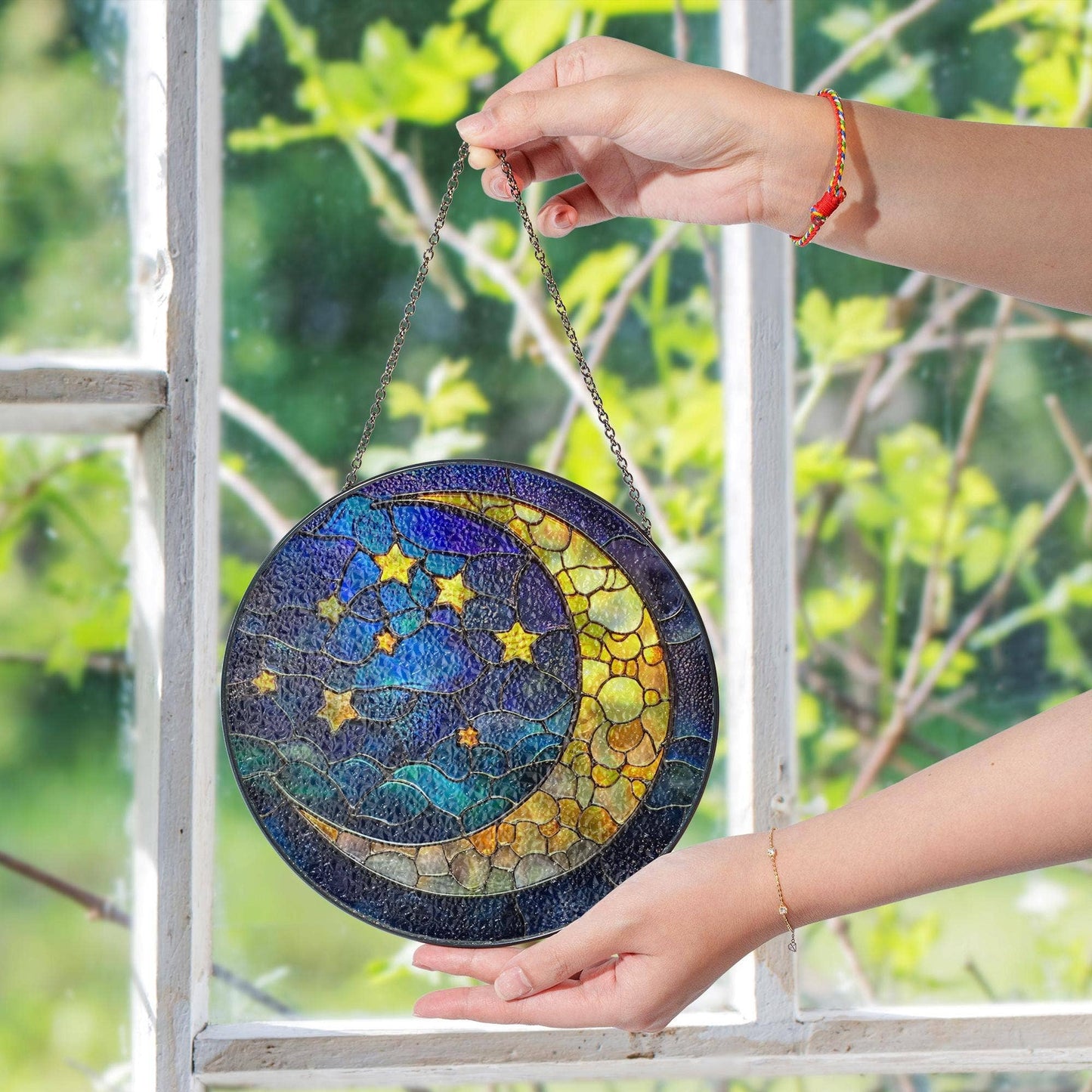 Moon and Stars Stained Glass Suncatcher, Mystical Night