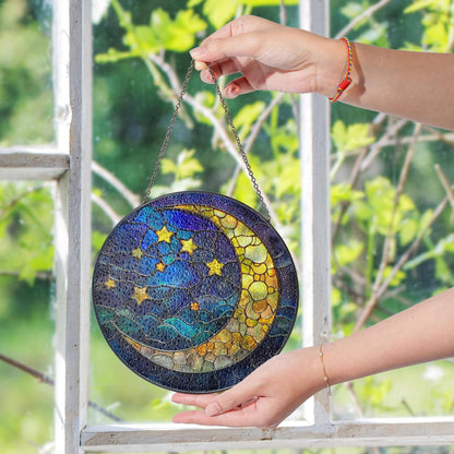 Moon and Stars Stained Glass Suncatcher, Mystical Night
