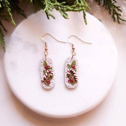 Hand Crafted Candy Cane Holly Leaf Earrings