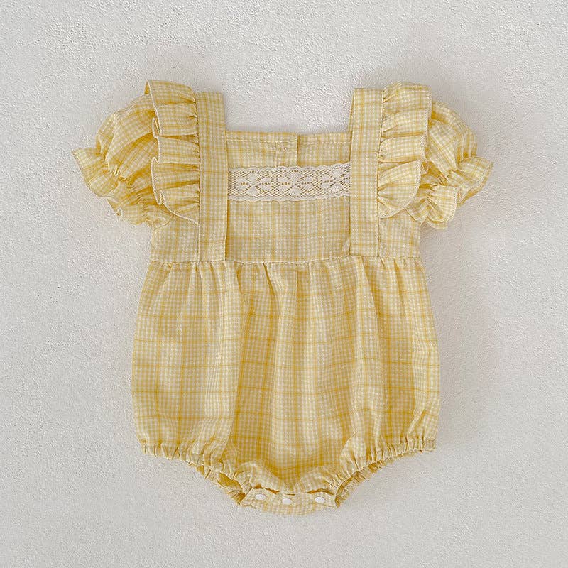 Baby yellow plaid puff sleeve bodysuit romper
