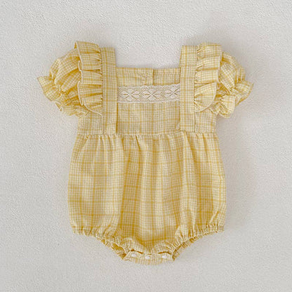Baby yellow plaid puff sleeve bodysuit romper