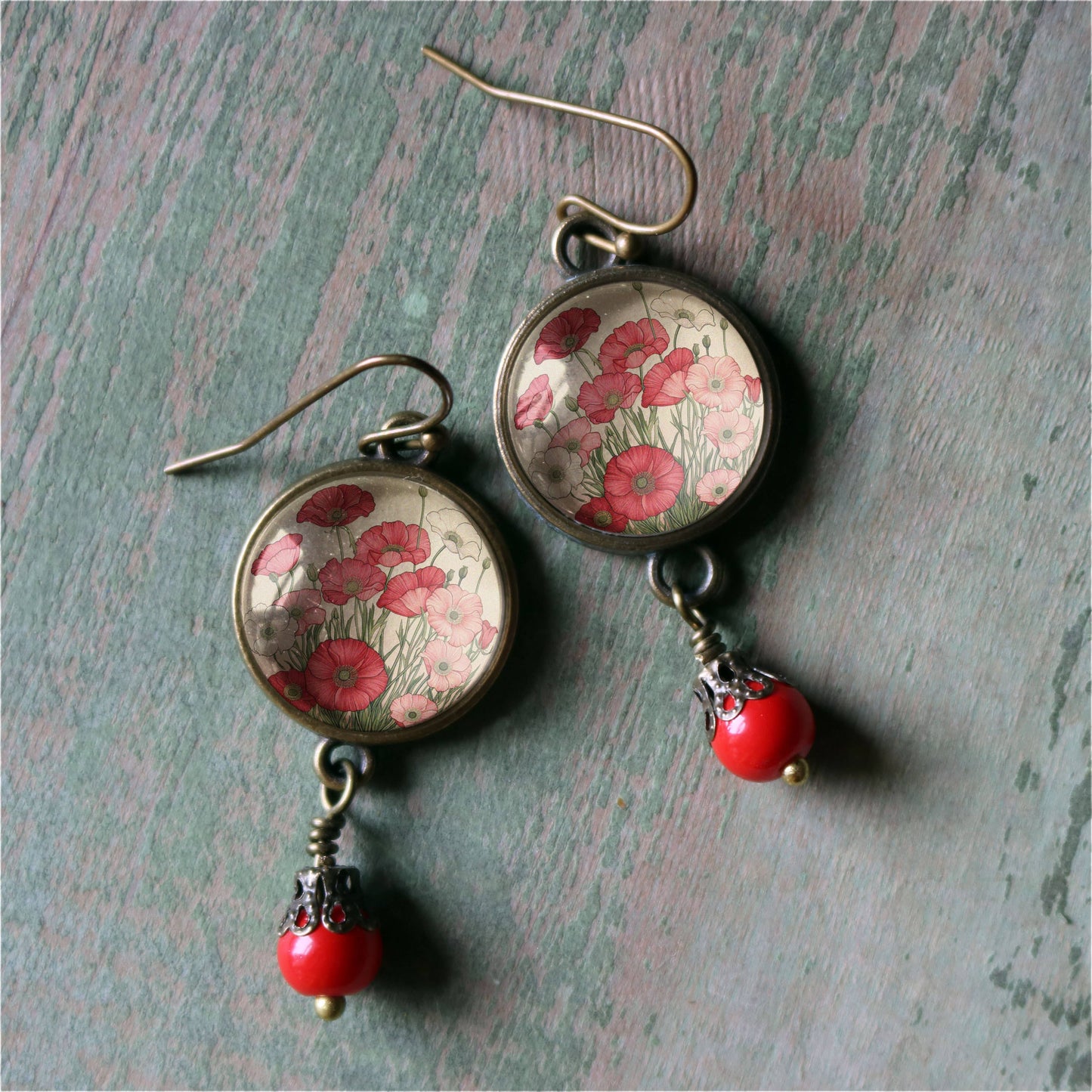Pink and Red Poppy Flower Glass Cabochon and Bronze Earrings
