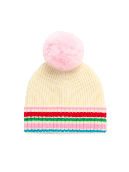 Elle Beanie, Ivory, A cream ribbed knit beanie with a fluffy pink pom-pom and a folded cuff striped in pink, red, green and blue.