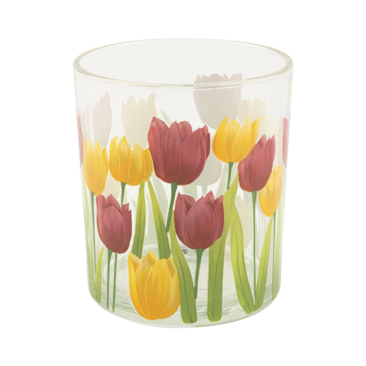 Clear glass votive holder with bright tulip pattern