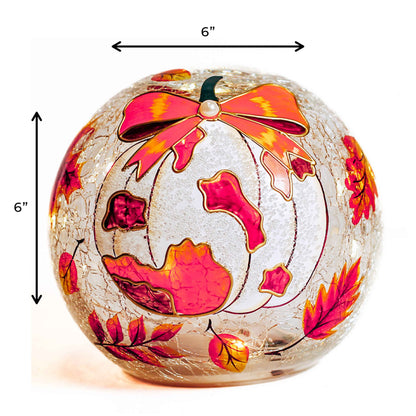 White Pumpkin Bow LED Glass Orb – Fall Autumn Decor