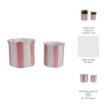 Planters Set of 2 - Pink Ceramic Striped Scallop, 6/8 in.