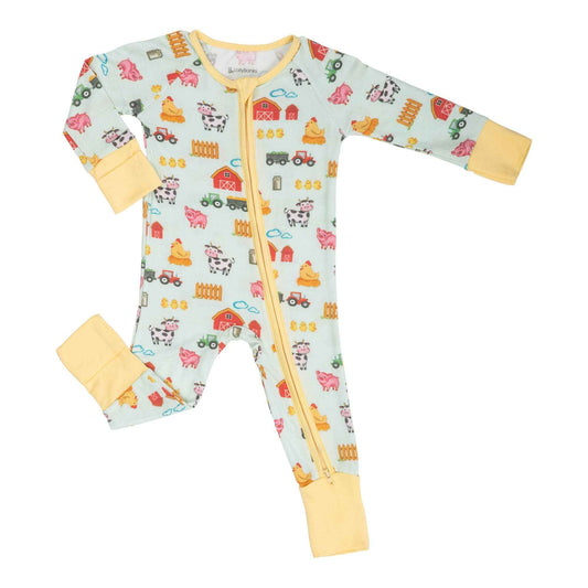 LollyBanks - Bamboo Baby Convertible Zipper Pajamas - Farm Pigs Cows Barn
