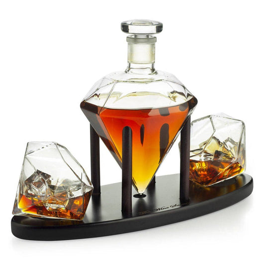 Khen Glassware - Diamond Whiskey Decanter with 2 Diamond Whiskey Glasses