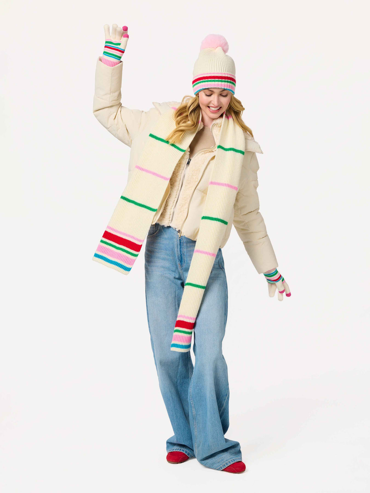 Elle Striped Ribbed Knit Scarf, Ivory