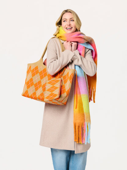 Rina Oversized Fringe Scarf, Multi, A thick scarf in blocks of pink, orange, yellow, lime and light blue with fringe at both ends, draped in loose folds.