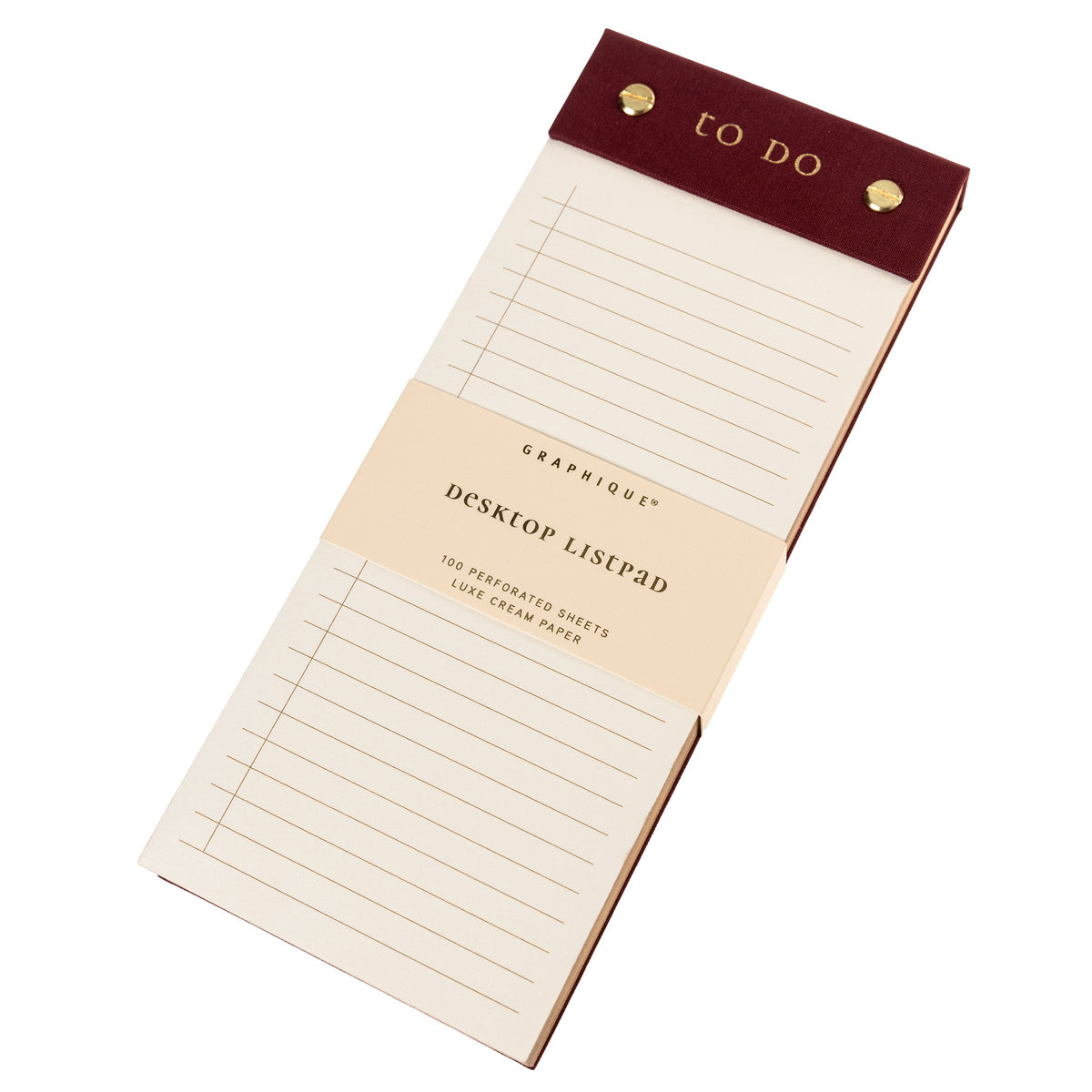 Burgundy Fabric-Bound Desktop Notepad, A burgundy fabric desktop notepad with to Do lettered in gold foil and two gold posts at the top.