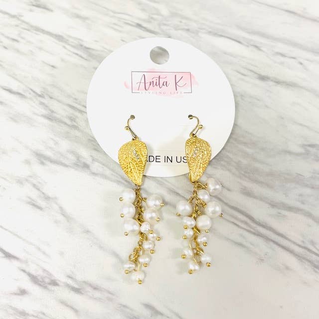 Anita K By Blushing Pink - Brass Leaf with Freshwater Pearl Cluster Drop Earring