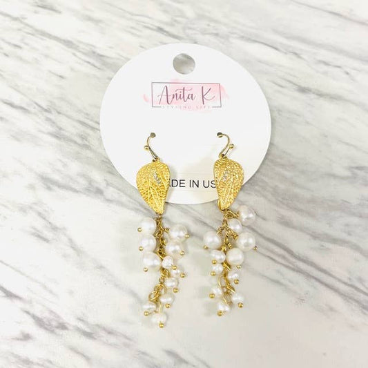 Anita K By Blushing Pink - Brass Leaf with Freshwater Pearl Cluster Drop Earring