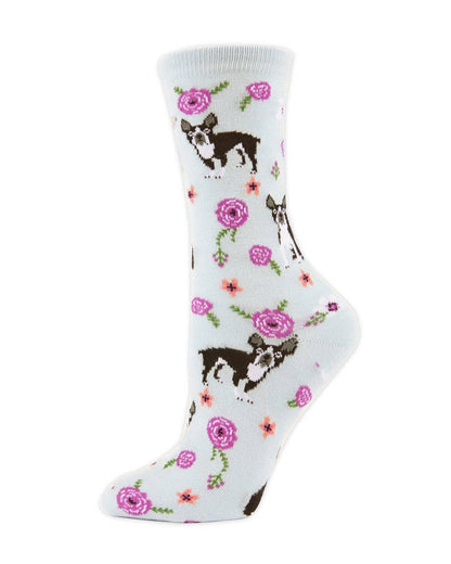 MeMoi French Bulldog and Roses Bamboo Crew Novelty Socks