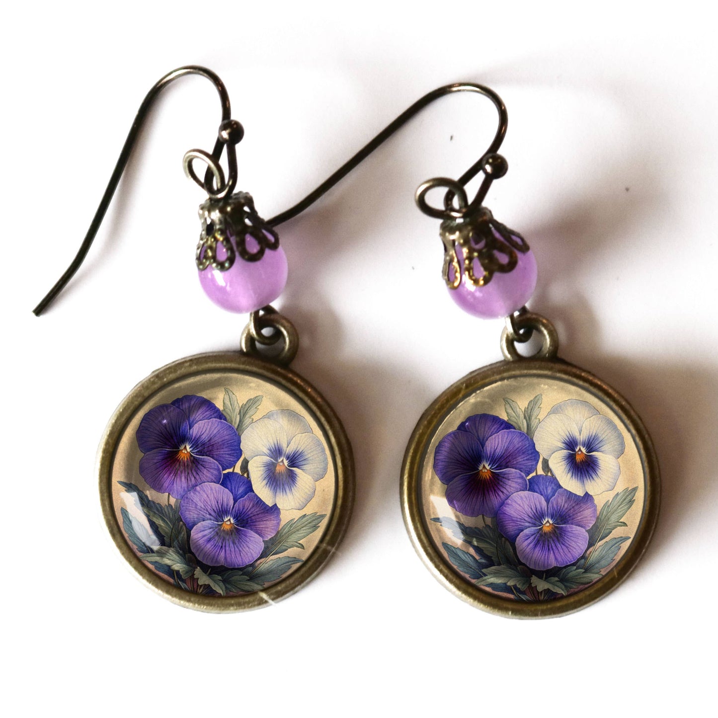 Purple Pansies Spring Floral Bronze and Glass Earrings