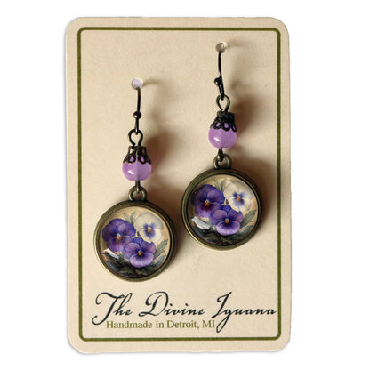 Purple Pansies Spring Floral Bronze and Glass Earrings
