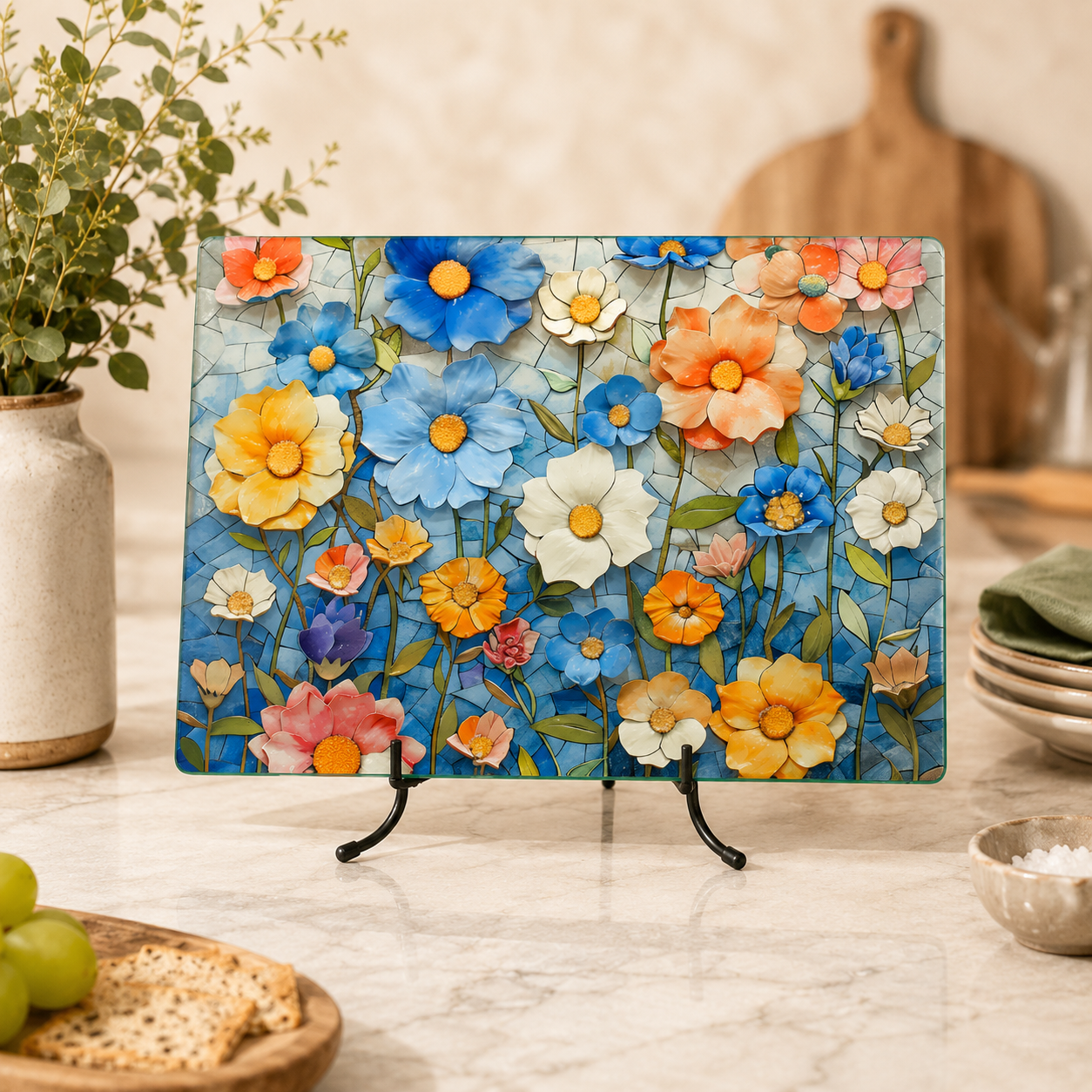 Mosaic Floral Glass Cutting Board & Serving Tray: 11x15 inch