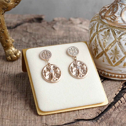 Faith & Relic – Cross Coin Dangle Earrings in Worn Gold or Silver: Gold