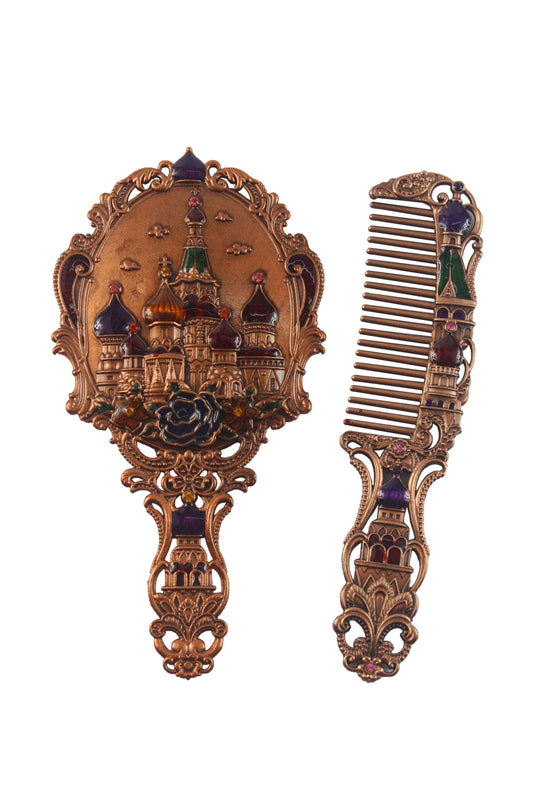 Vintage Small Size Castle Metal Mirror Set: Copper