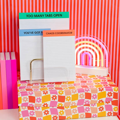 Chez Gagné - Too Many Tabs Open - Large Memo Lined Notepad - Neon Emerald - 65 perforated pages - 10x8