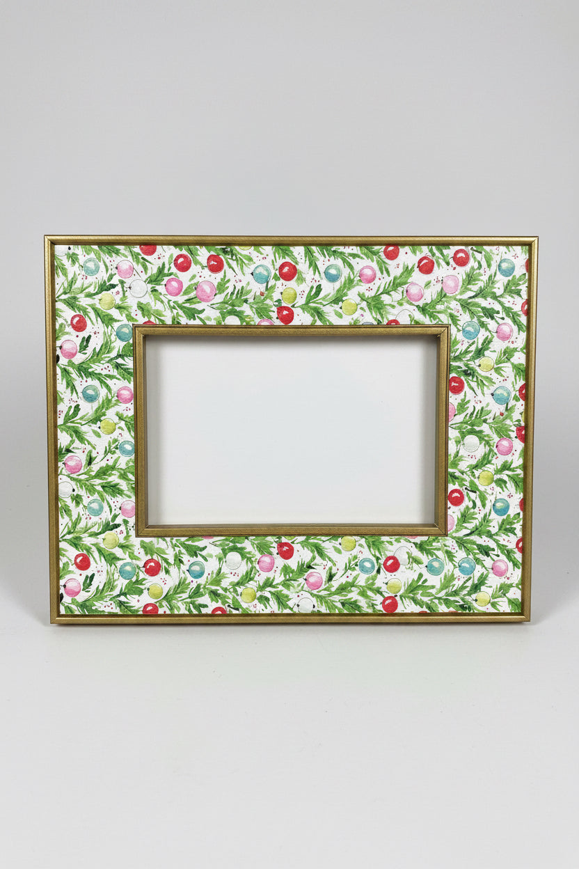Gold Hand Painted Green Holly & Colorful Ornaments 4"x6" Frame