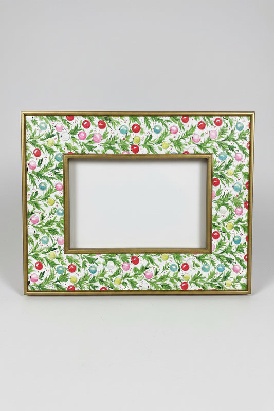 Gold Hand Painted Green Holly & Colorful Ornaments 4"x6" Frame