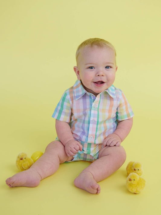 Baby Boys Poppy Rainbow Plaid Short Button-Up Romper: Multi-Color