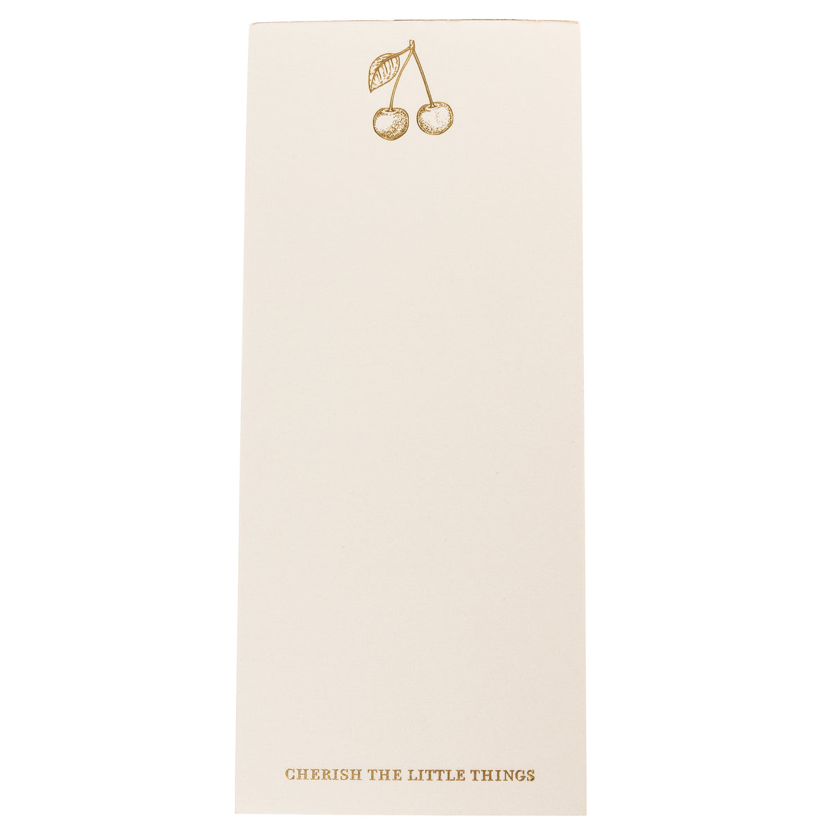La Petite Presse Cherries Gilded Desktop Notepad, A cream notepad with gold foil cherries at the top and the words Cherish the Little Things stamped in gold at the bottom.