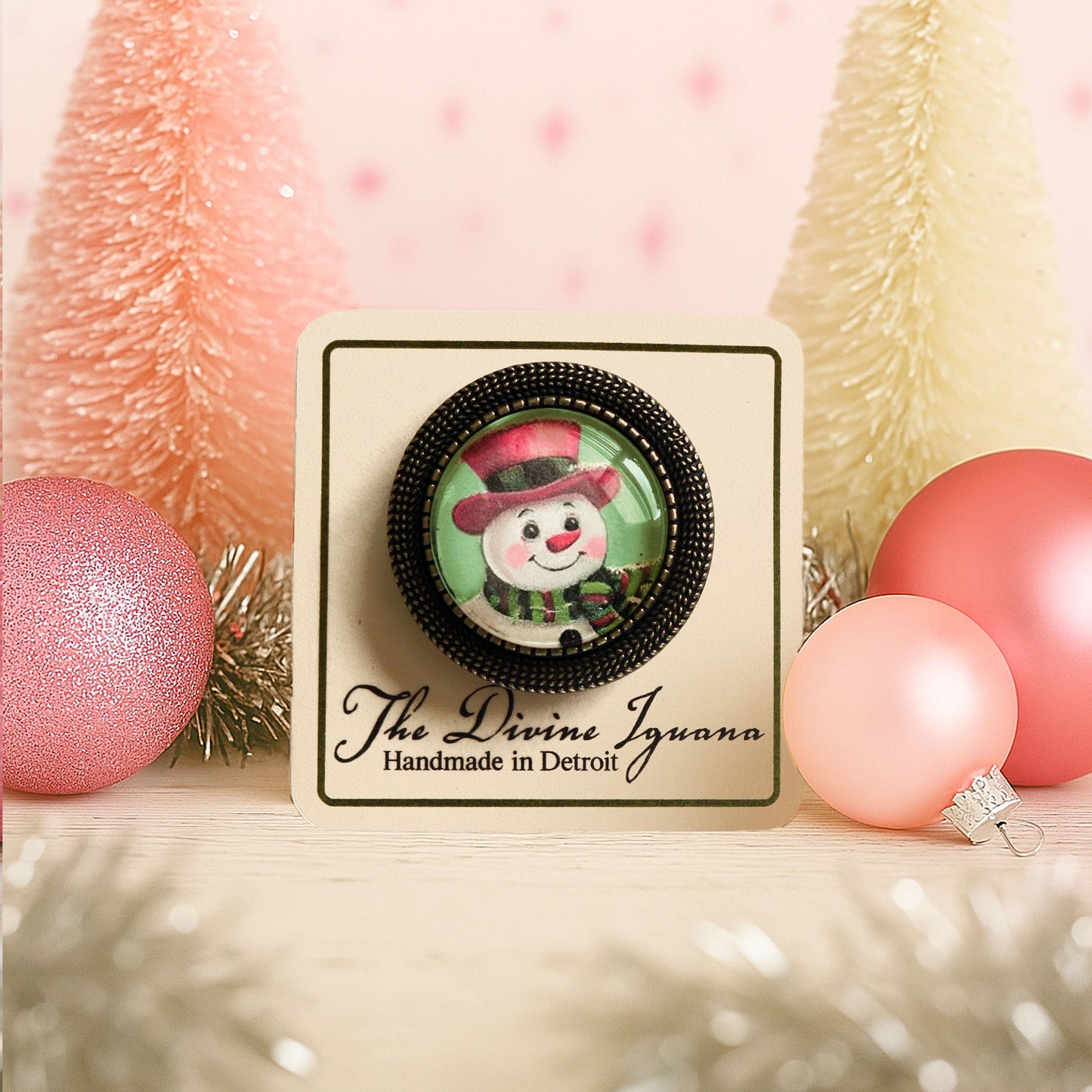 Pink Christmas Snowman Bronze and Glass Lever Back Brooch