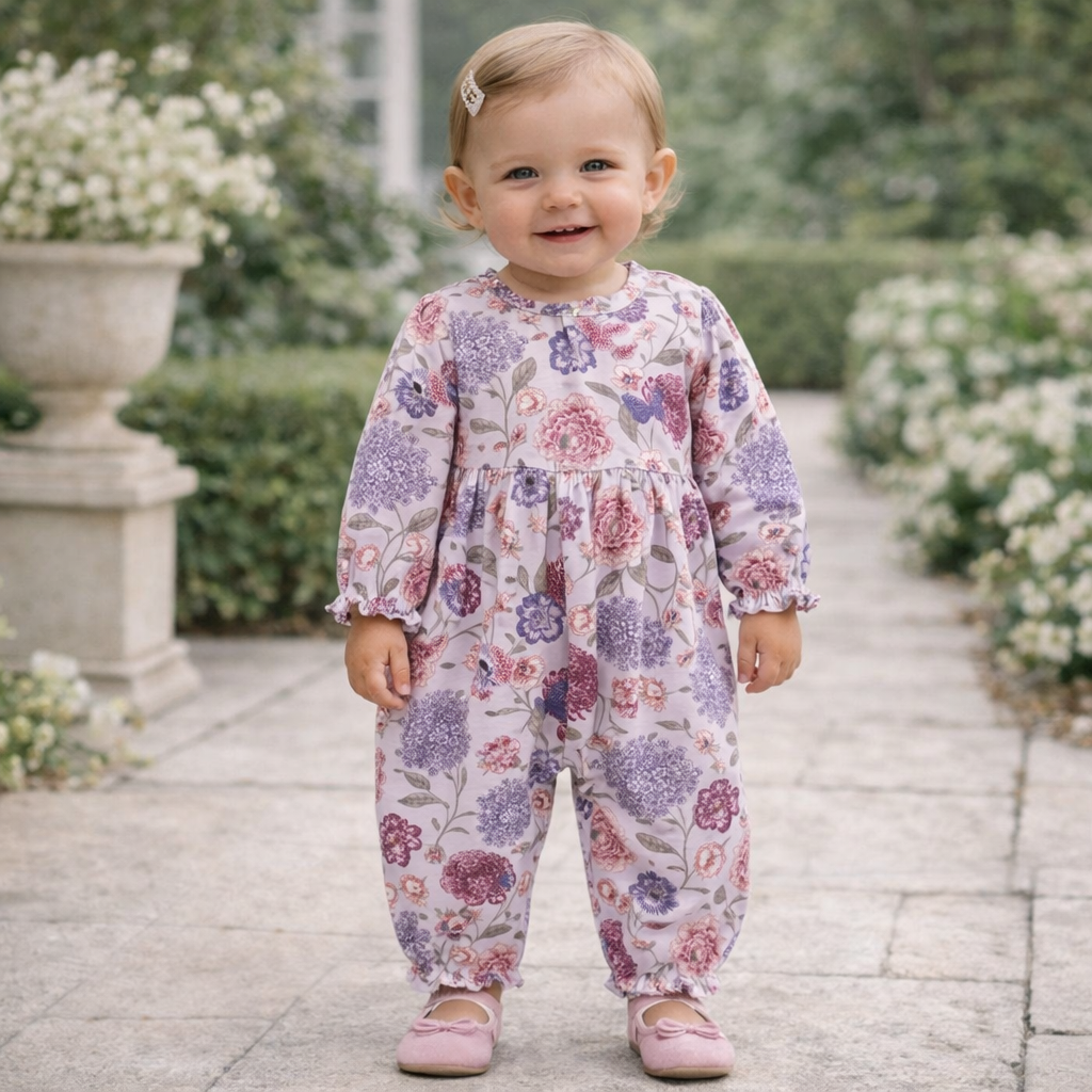 Floral Empire Baby Girl Romper – Bamboo Vintage Bloom Ruffle: 12-18M