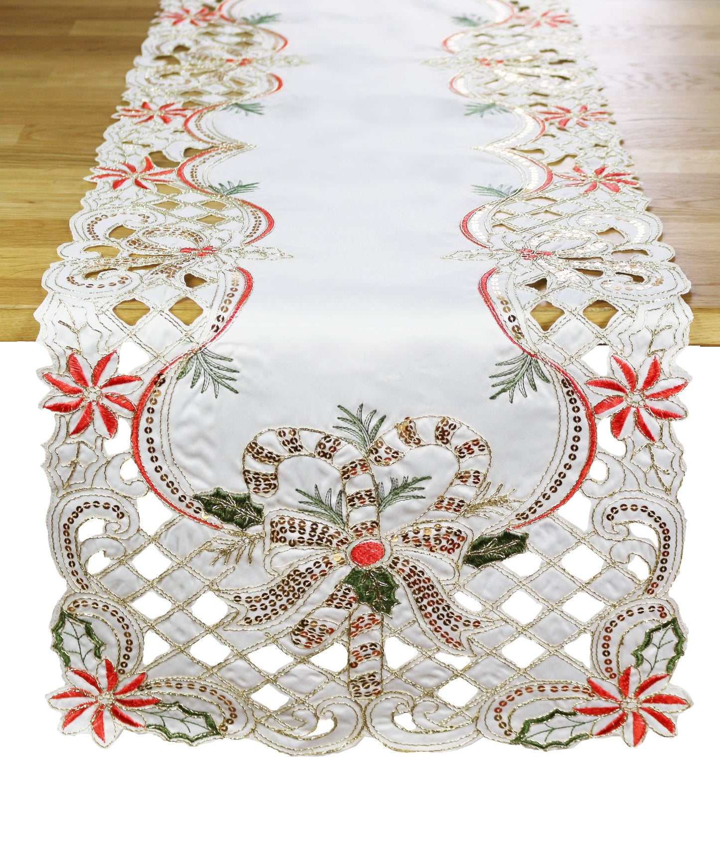 Holly Bow Christmas Design Ivory Table Runner