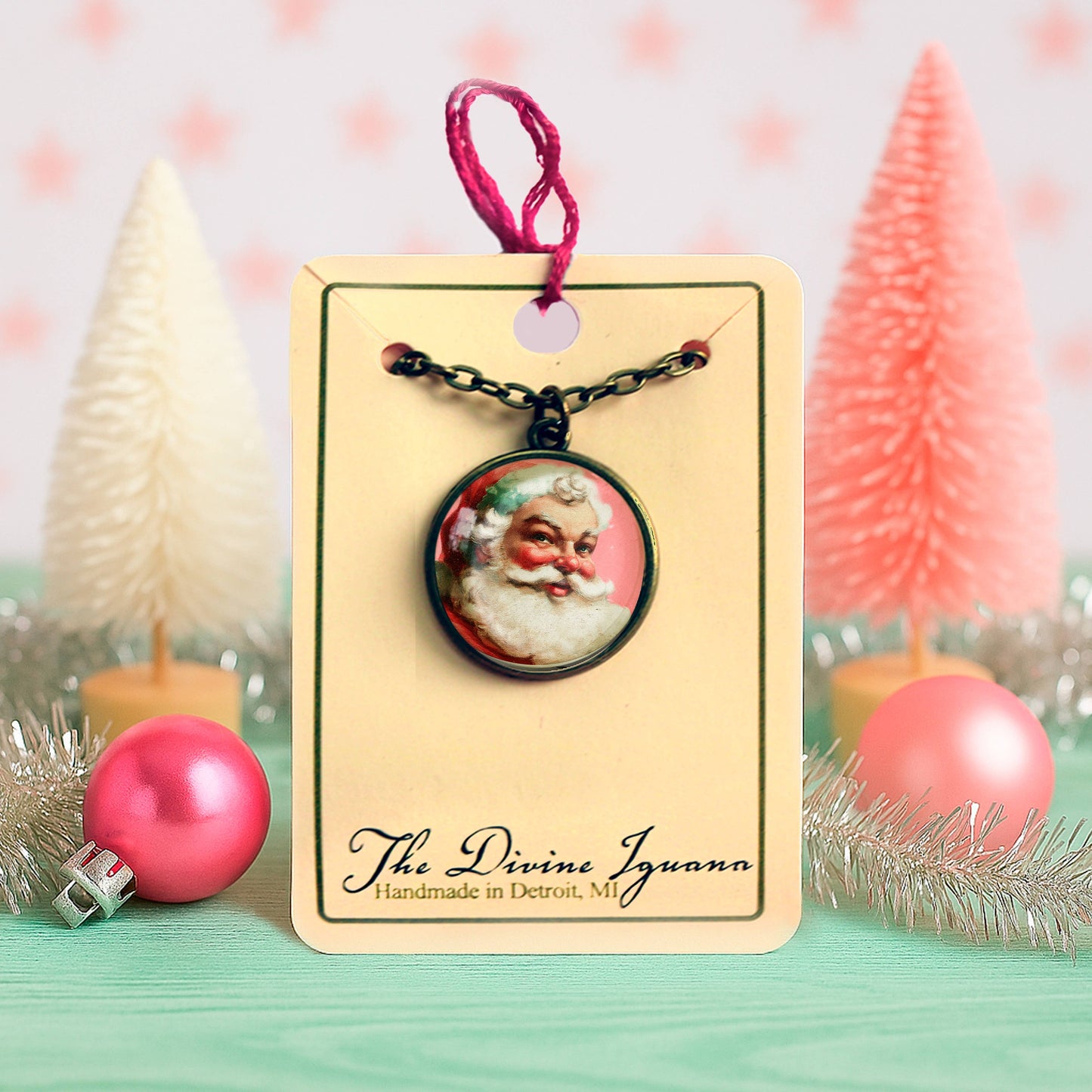 Pink Christmas Santa Claus Pendant Necklace with Chain