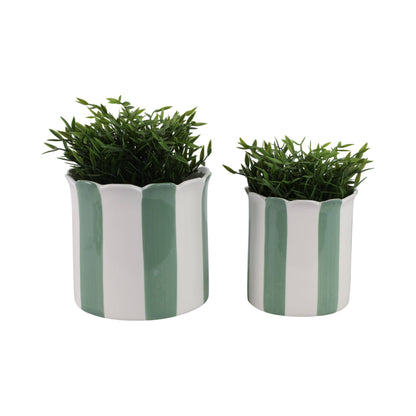 Sagebrook Home - Planters Set of 2 - Green/White Ceramic Striped, 6/8 in.