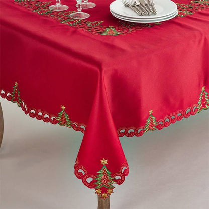 Red Embroidered Christmas Tree 67" Square Tablecloth