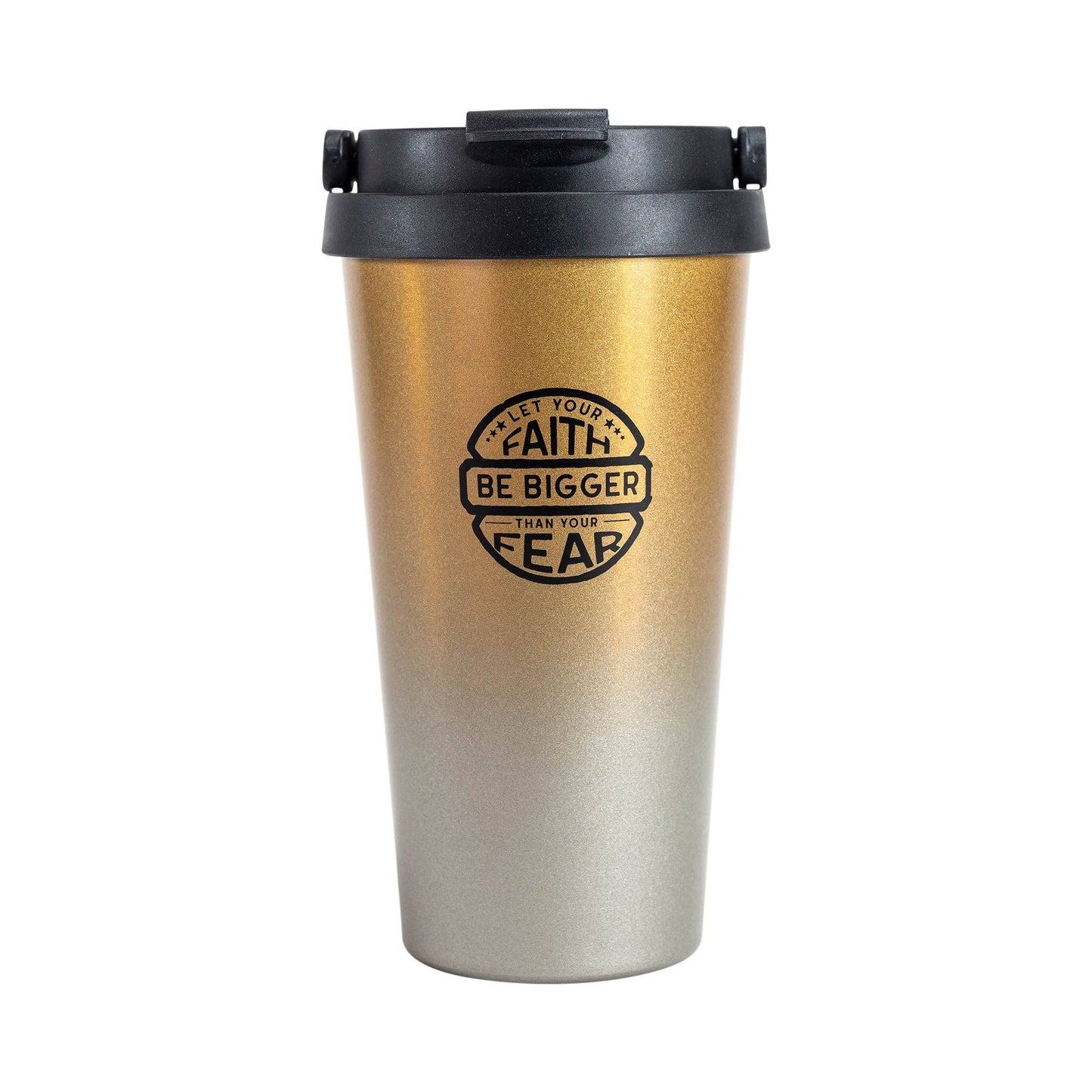 Divinity Boutique - Travel Mug - Faith Bigger Than Fear - Black Ink/Gold Mug