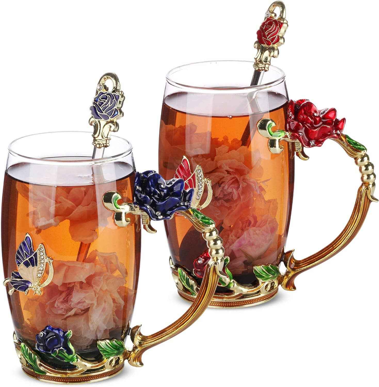Floral Glass Tea Cups – Set of 2