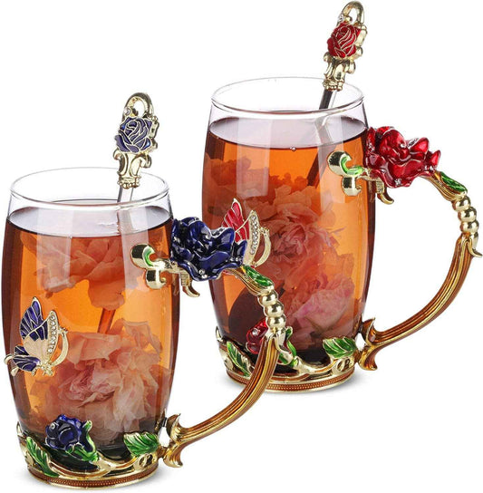 Floral Glass Tea Cups – Set of 2