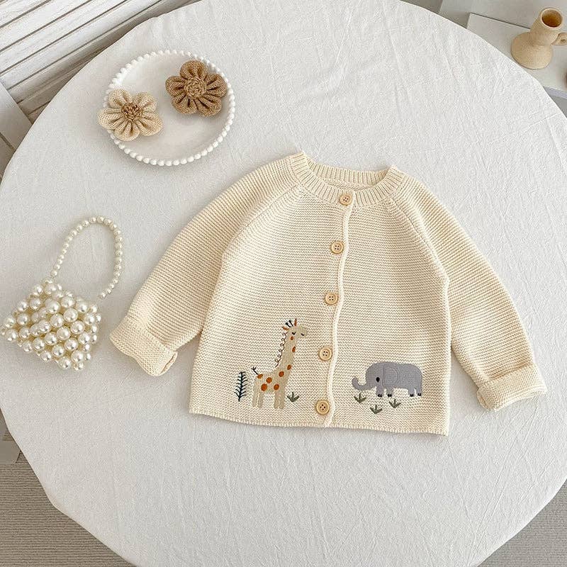 Baby Knitted Long Sleeves Cardigan with Animal Embroidery