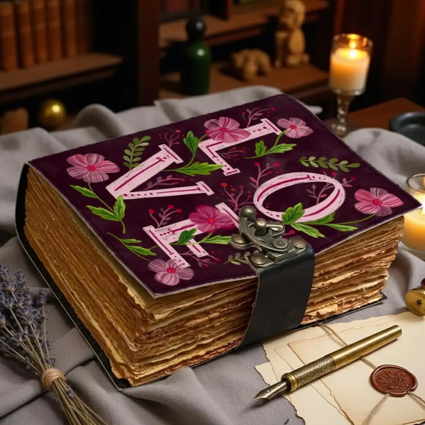 Floral LOVE Leather Journal – Handmade Romantic Notebook