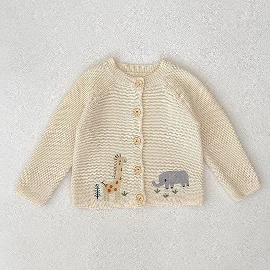 Baby Knitted Long Sleeves Cardigan with Animal Embroidery
